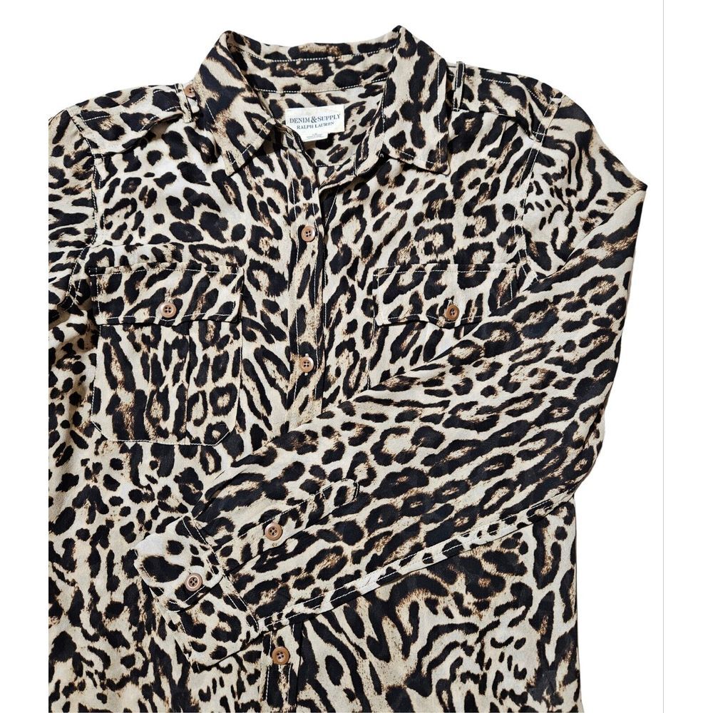 Denim & Supply Ralph Lauren Leopard Print Button Down Shirt Blouse Tan Black L